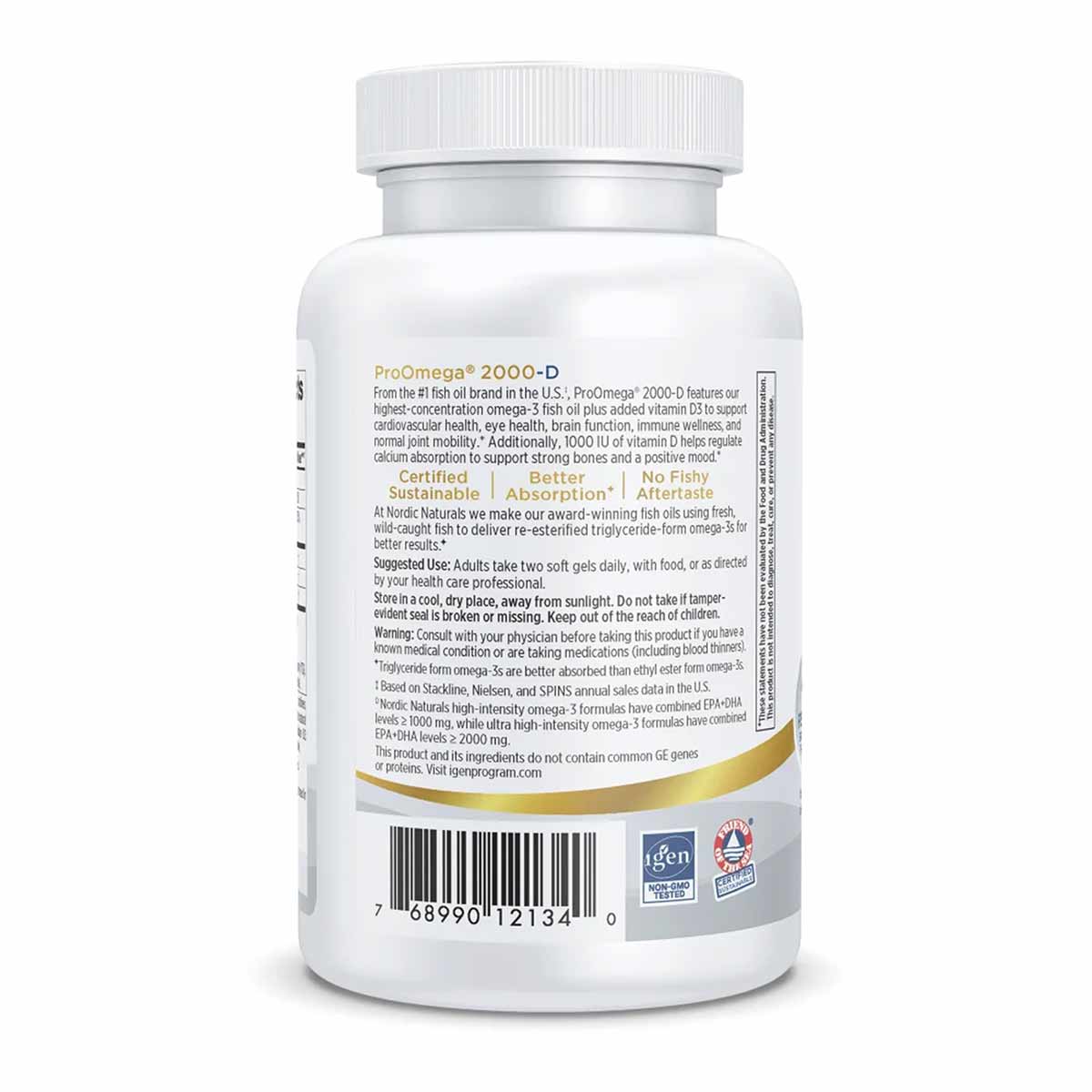 White bottle of ProOmega 2000-D fish oil supplement with white cap and product information label.