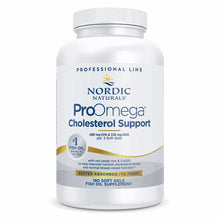 White bottle of Nordic Naturals ProOmega Cholesterol Support fish oil softgels with blue and gold label design.