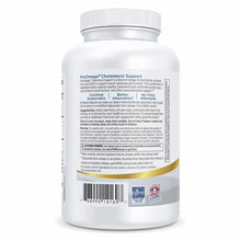 White bottle of ProOmega Cholesterol Support softgels with white cap and gold band, containing product information and certif