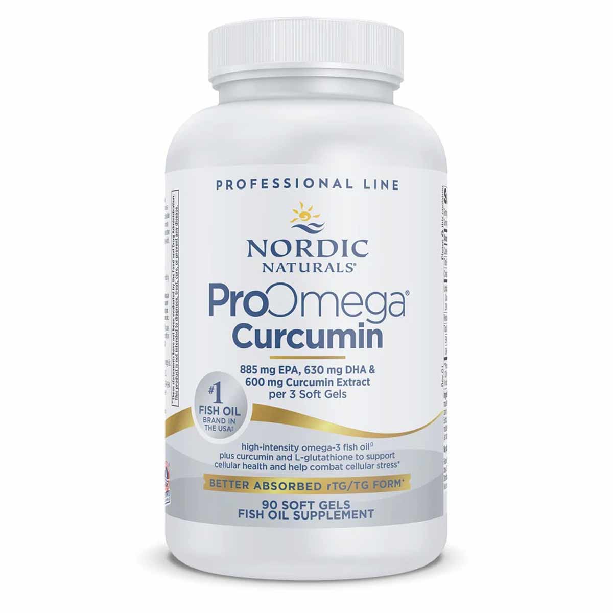 White bottle of Nordic Naturals ProOmega Curcumin softgels with blue and gold label text.