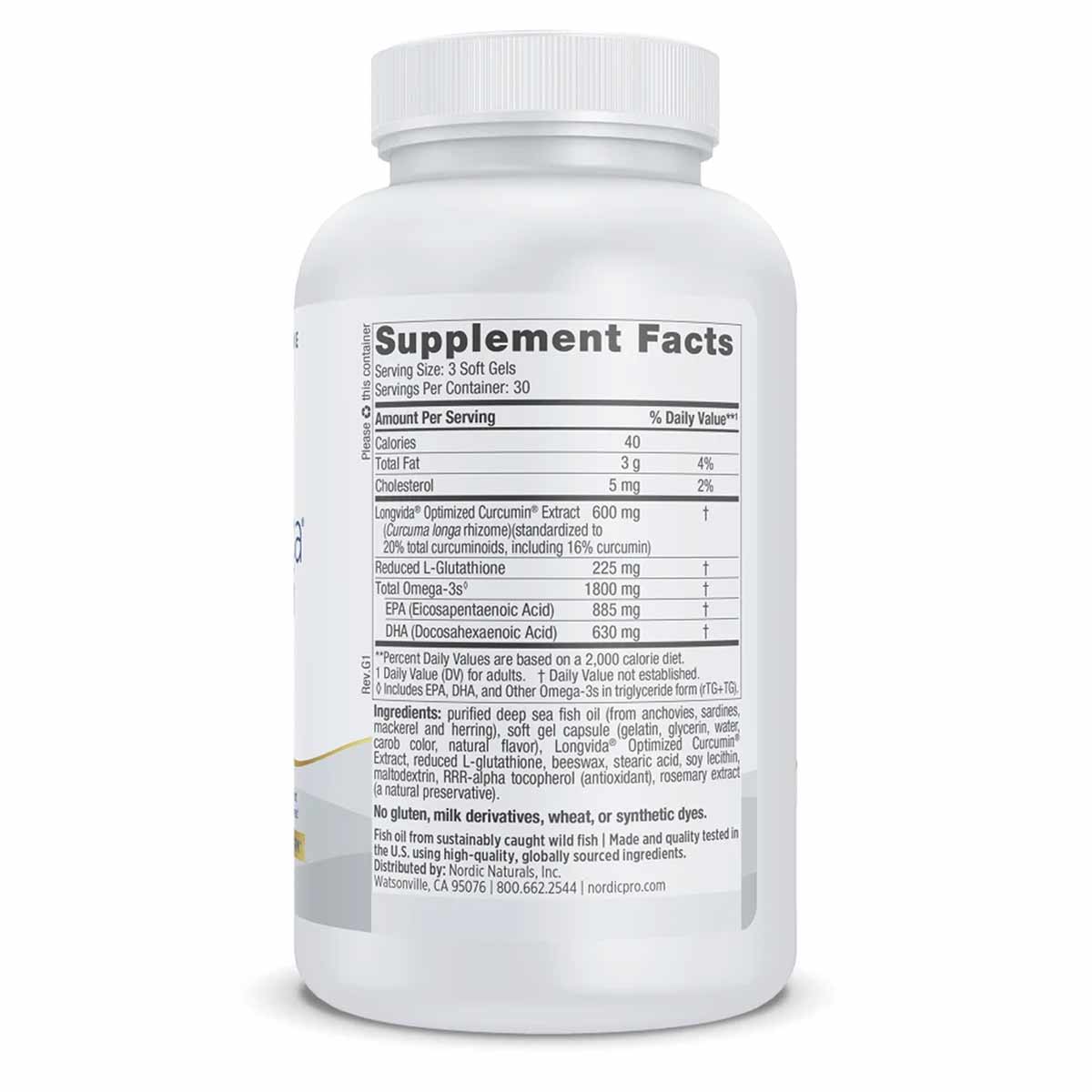 White bottle of Nordic Naturals ProOmega Curcumin softgels with white cap and supplement facts label visible.