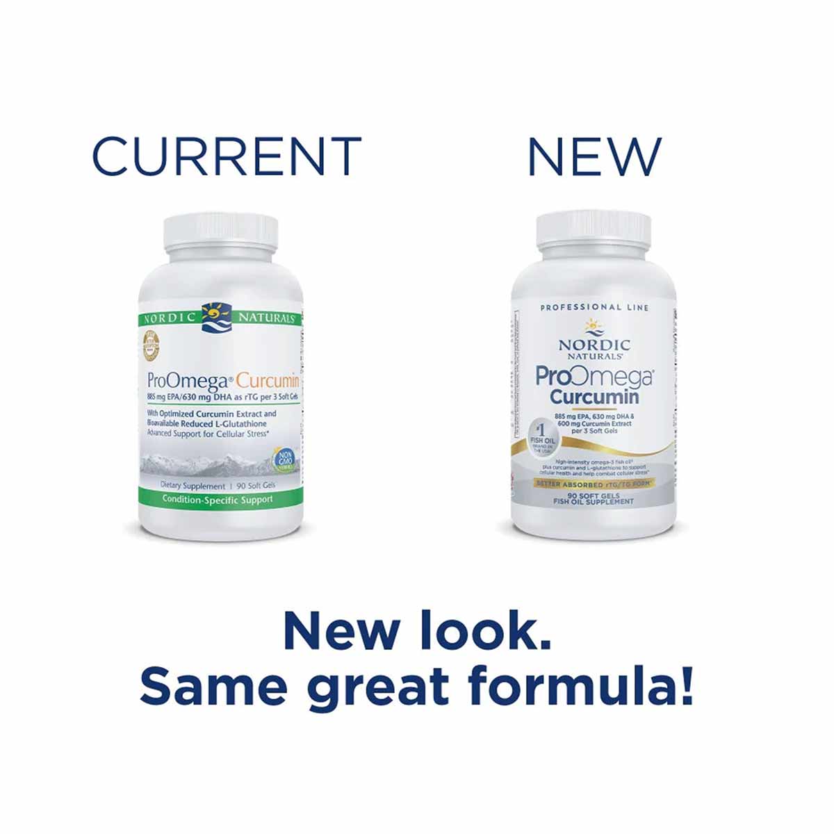 Two white Nordic Naturals ProOmega Curcumin supplement bottles side by side, labeled "Current" and "New" with updated packagi
