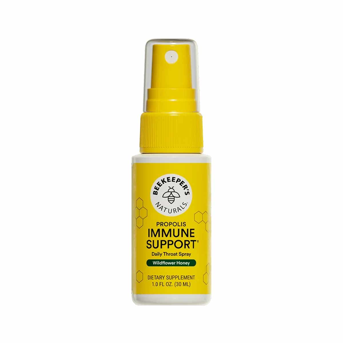 Yellow spray bottle labeled "Beekeeper's Naturals Propolis Immune Support" with yellow pump cap, 1.0 fl oz size.