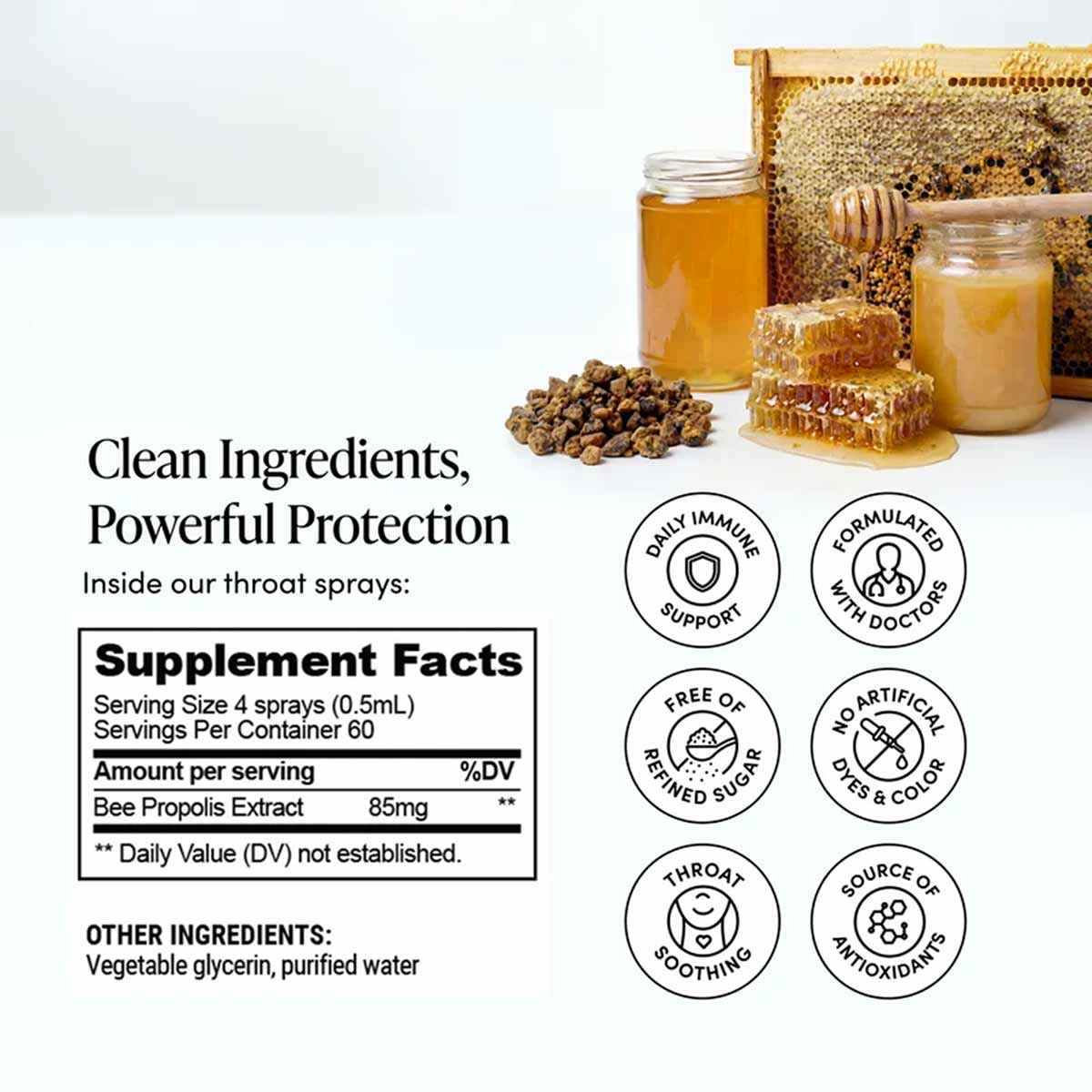 Amber glass bottles with propolis spray and honey comb, surrounded by ingredient icons and supplement facts label.