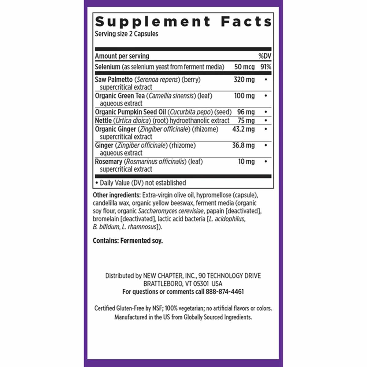 Supplement Facts label for Prostate 5LX showing ingredients including selenium, saw palmetto, green tea, pumpkin seed oil, ne