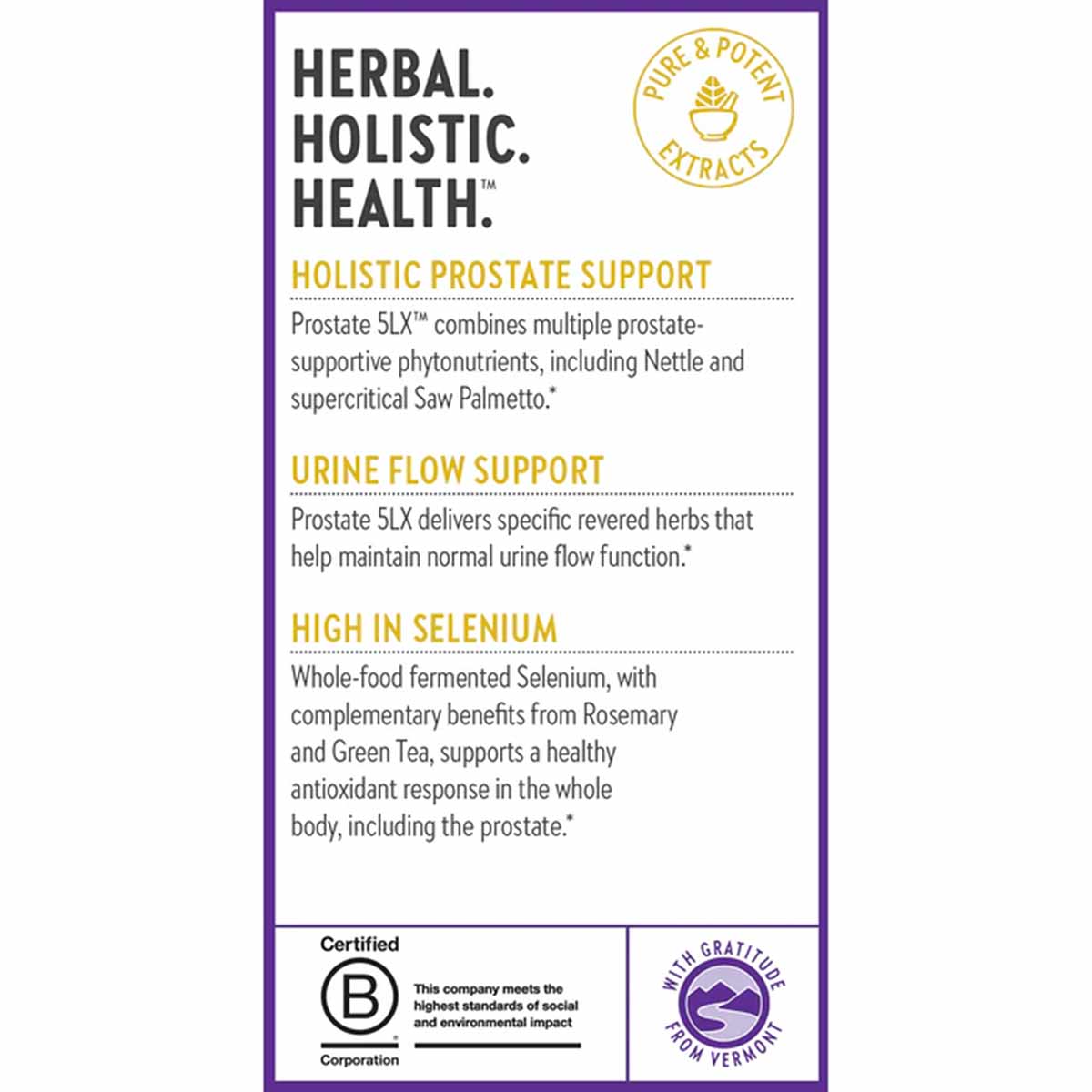 New Chapter Prostate 5LX supplement bottle back label with purple border describing herbal prostate and urine flow support be