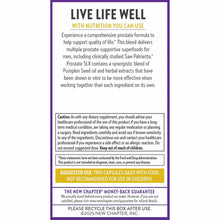 Purple-bordered supplement bottle label for Prostate 5LX by New Chapter with text describing prostate support formula ingredi