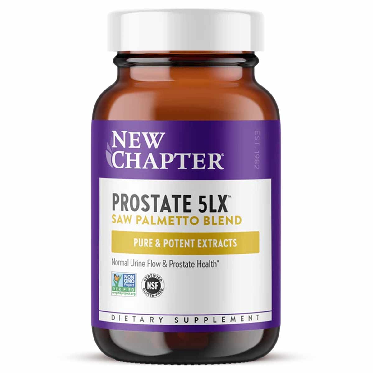 Brown glass bottle of New Chapter Prostate 5LX dietary supplement with purple and white label.