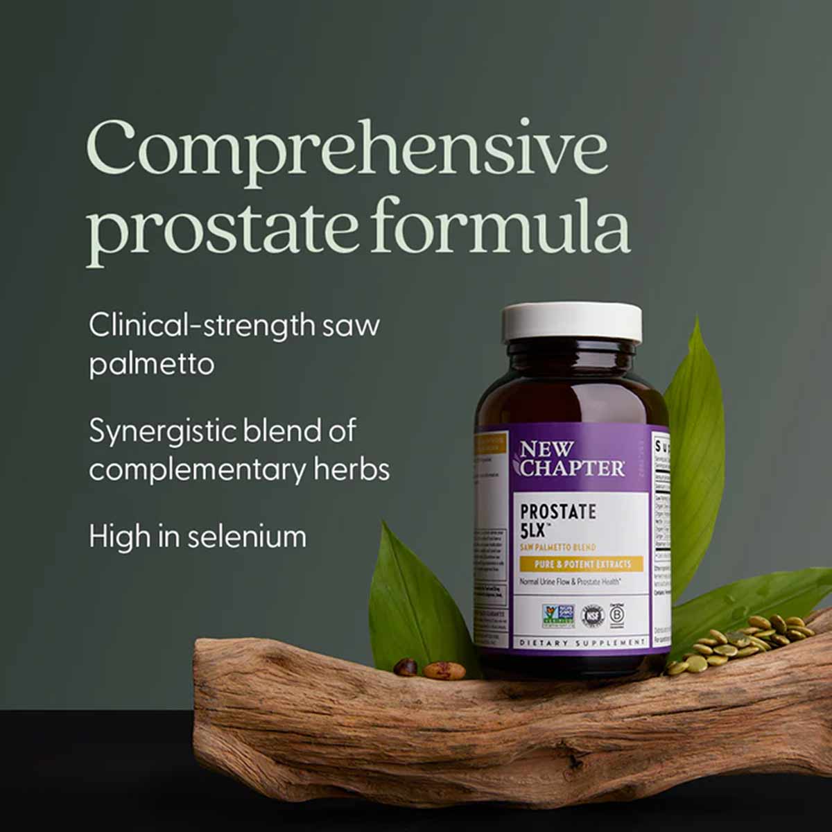 Brown glass bottle of New Chapter Prostate 5LX supplement with white cap, displayed on wood with green leaves against gray ba