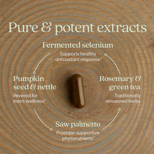Brown capsule centered on concentric circular wood grain background with ingredient callouts including fermented selenium, pu