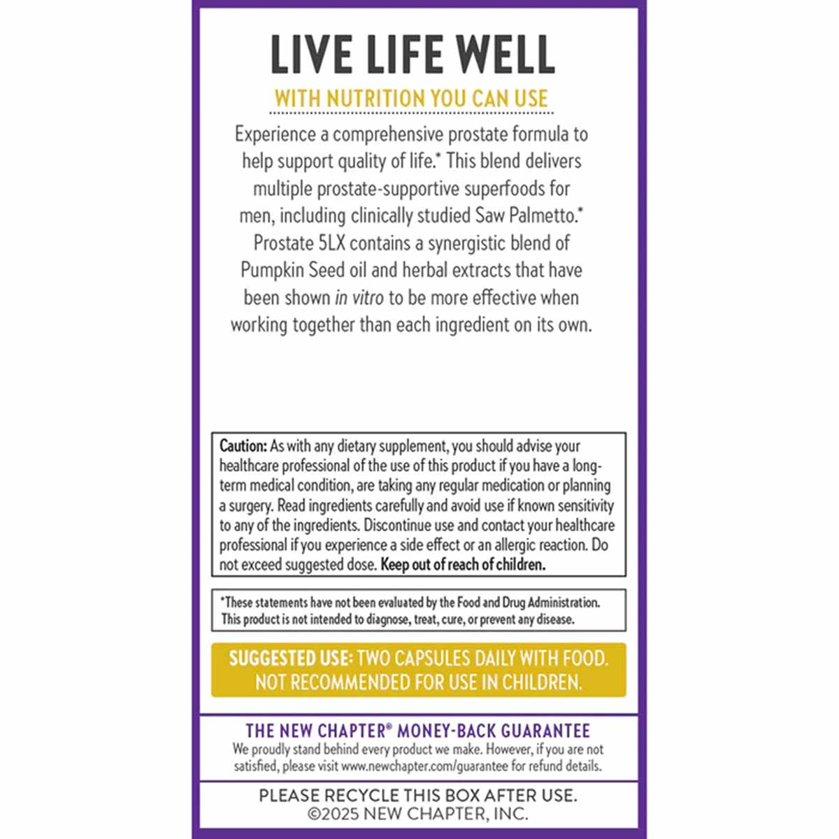 Back label of Prostate 5LX supplement bottle showing product information, ingredients, usage instructions, and cautions in pu