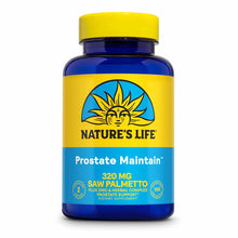 Nature's Life Prostate Maintain dietary supplement bottle with yellow cap and blue label containing saw palmetto and herbal c