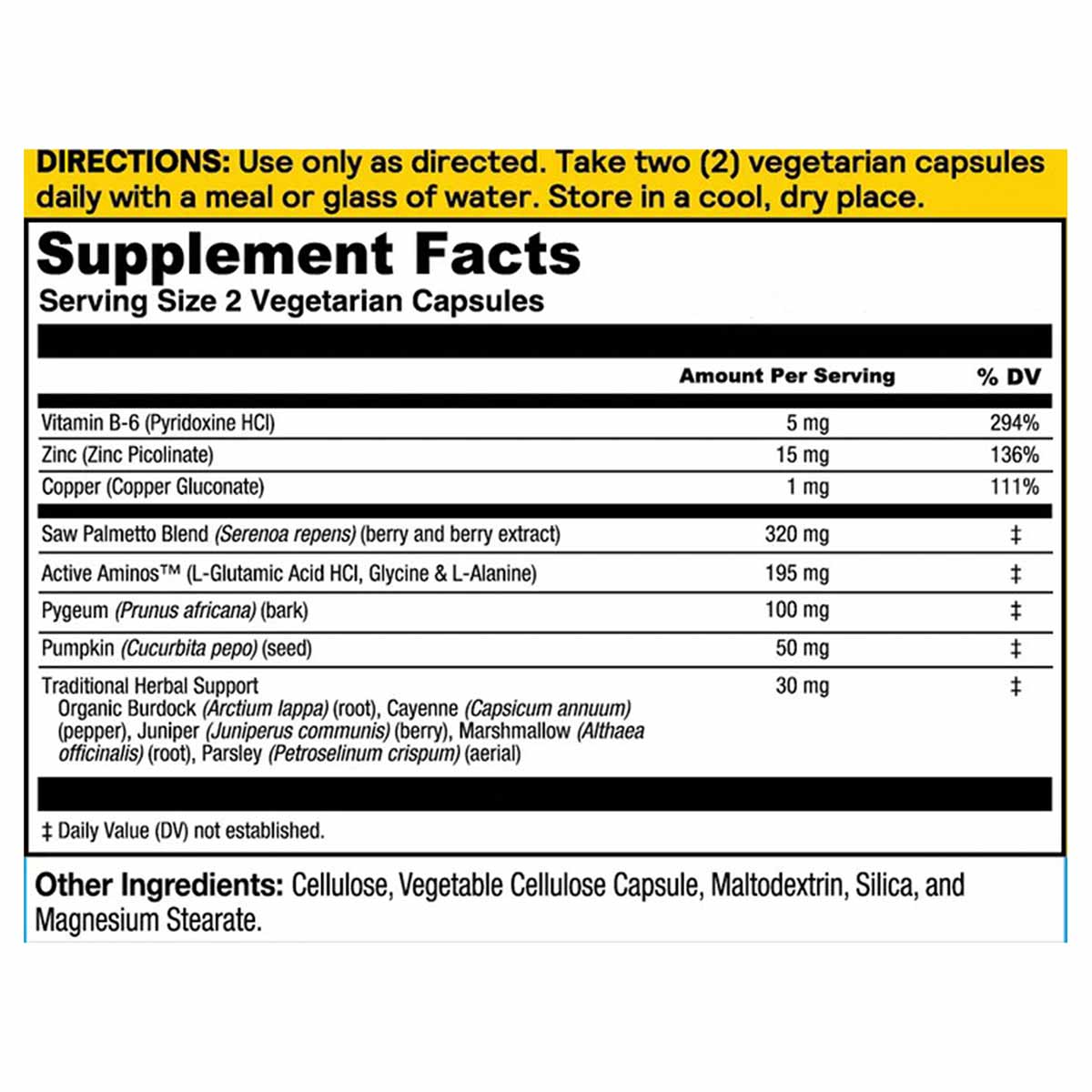 Supplement Facts label for Prostate Maintain showing serving size of two vegetarian capsules with vitamins, minerals, and her