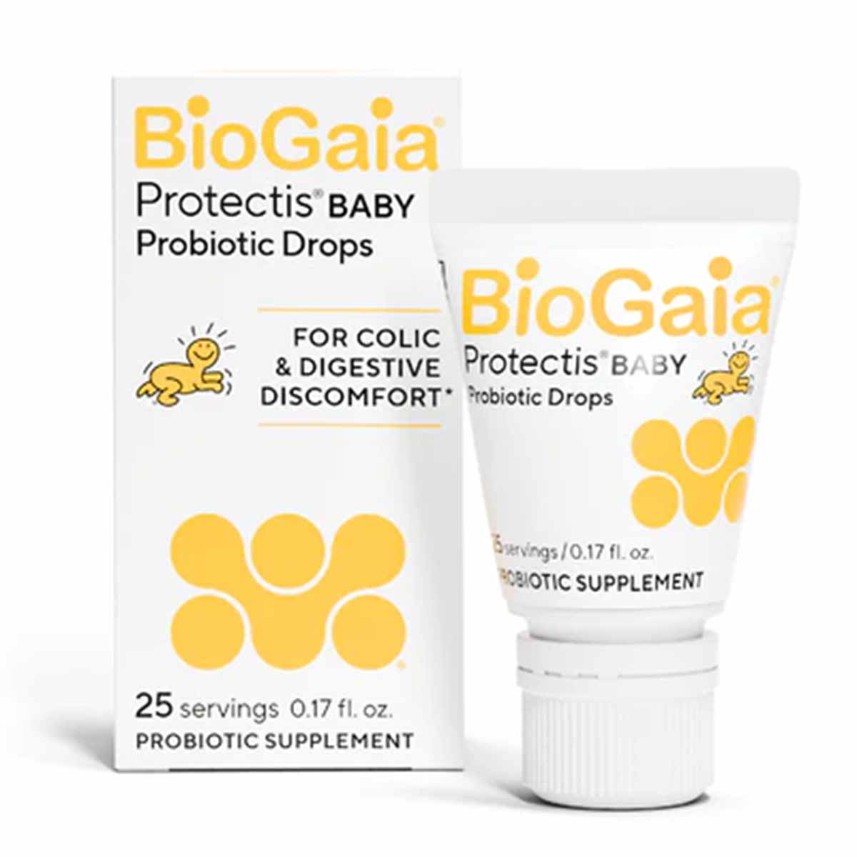 BioGaia Protectis Baby Probiotic Drops box and tube with yellow branding and white cap dispenser.