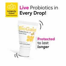 BioGaia Protectis Baby probiotic drops in white tube with yellow label and Longevity Guard logo.
