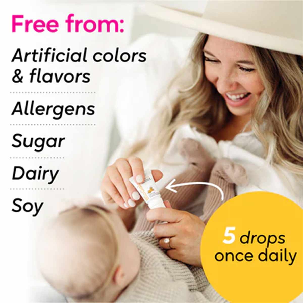 Adult holding small white probiotic drops bottle above infant, with text listing product benefits and dosage instructions.