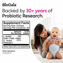 BioGaia Protectis Baby Probiotics Drops supplement facts label with mother and infant on right side.