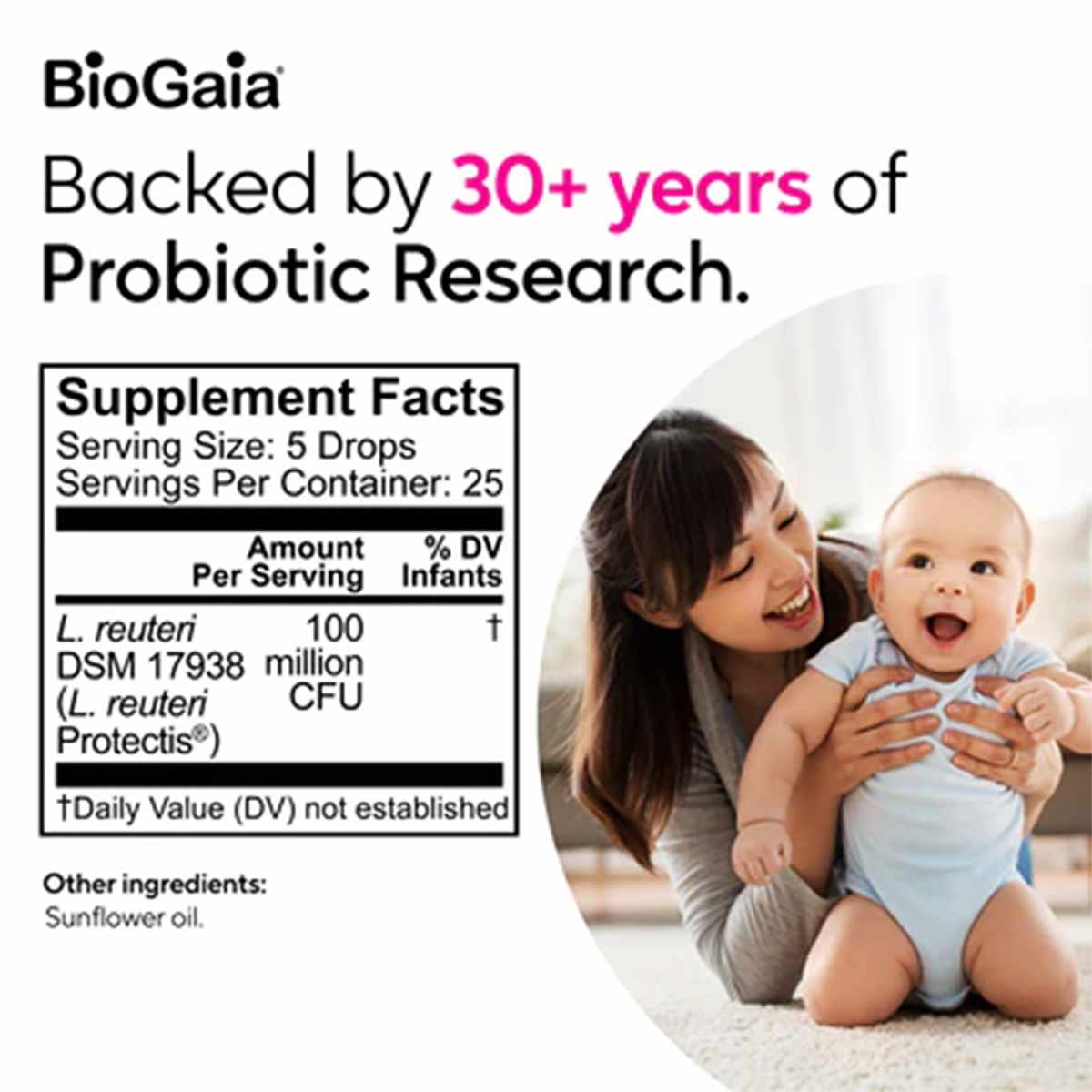 BioGaia Protectis Baby Probiotics Drops supplement facts label with mother and infant on right side.