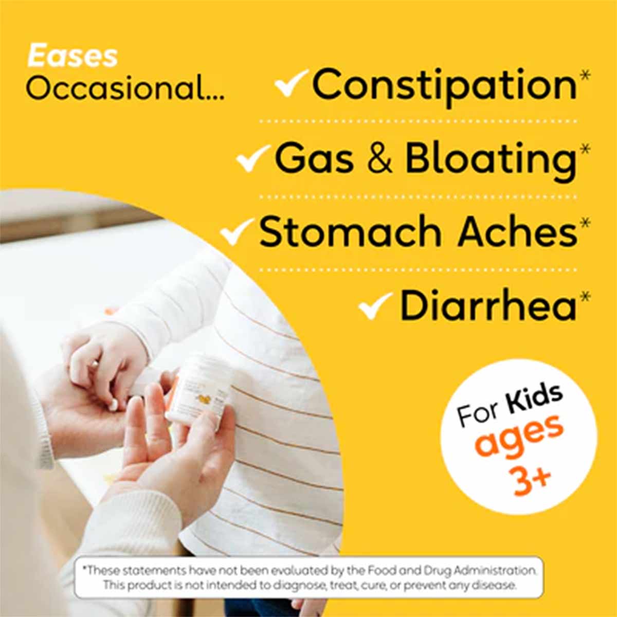 Yellow packaging showing adult and child hands with text listing constipation, gas, bloating, stomach aches, and diarrhea ben