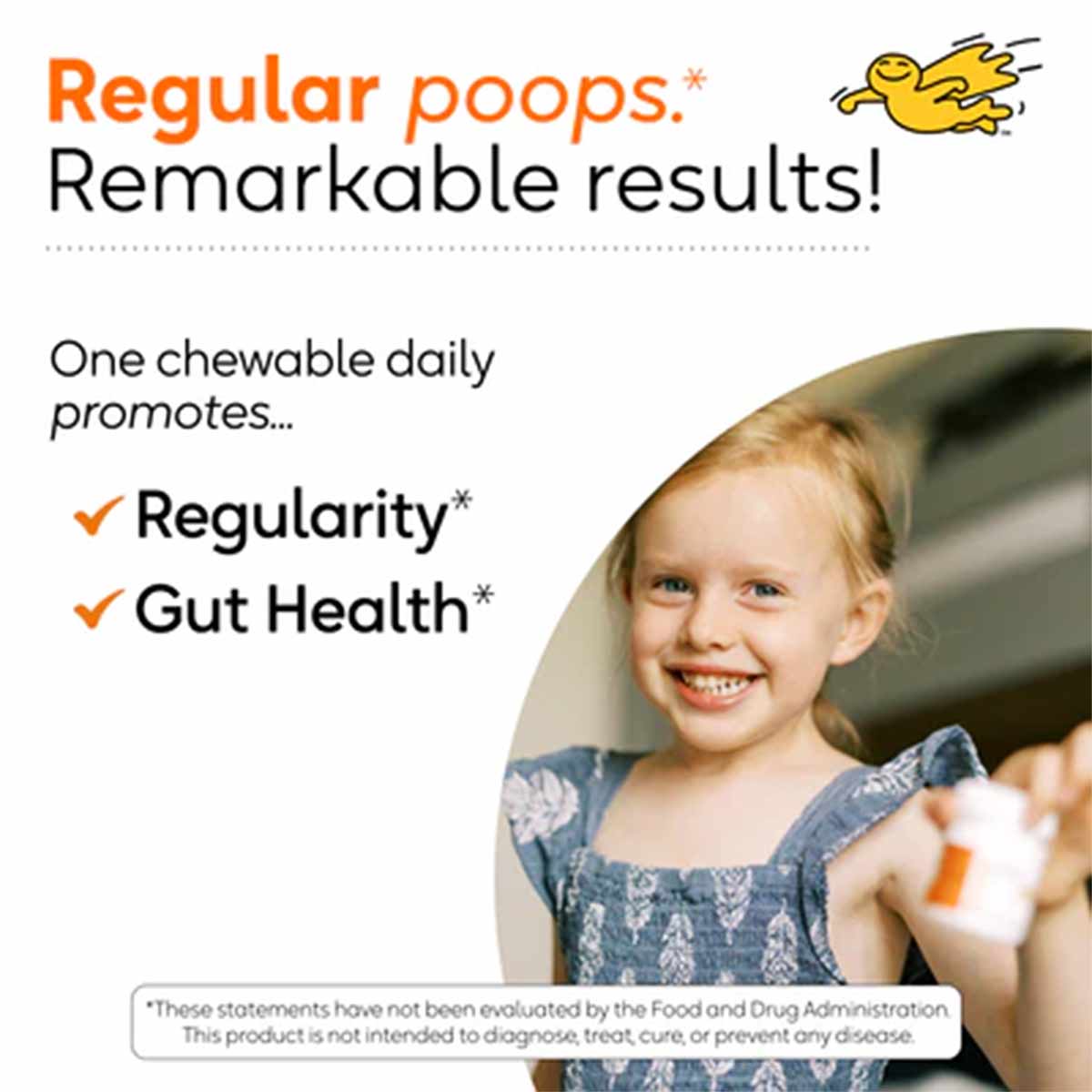 Young child holding probiotic chewable tablet with text describing daily dosage and digestive health benefits.