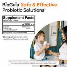 BioGaia Protectis Kids probiotic supplement facts label with child receiving chewable tablet from adult.