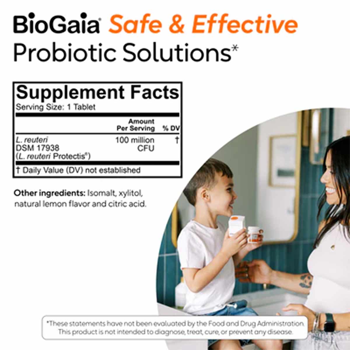 BioGaia Protectis Kids probiotic supplement facts label with child receiving chewable tablet from adult.