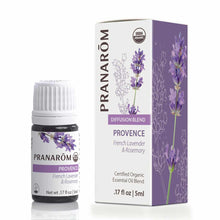 Pranarom Provence essential oil blend bottle with white cap and purple packaging box featuring lavender and rosemary illustra