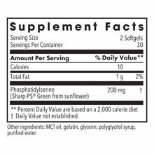Supplement Facts label showing 2 softgels per serving, 30 servings per container, with 200 mg phosphatidylserine per serving.