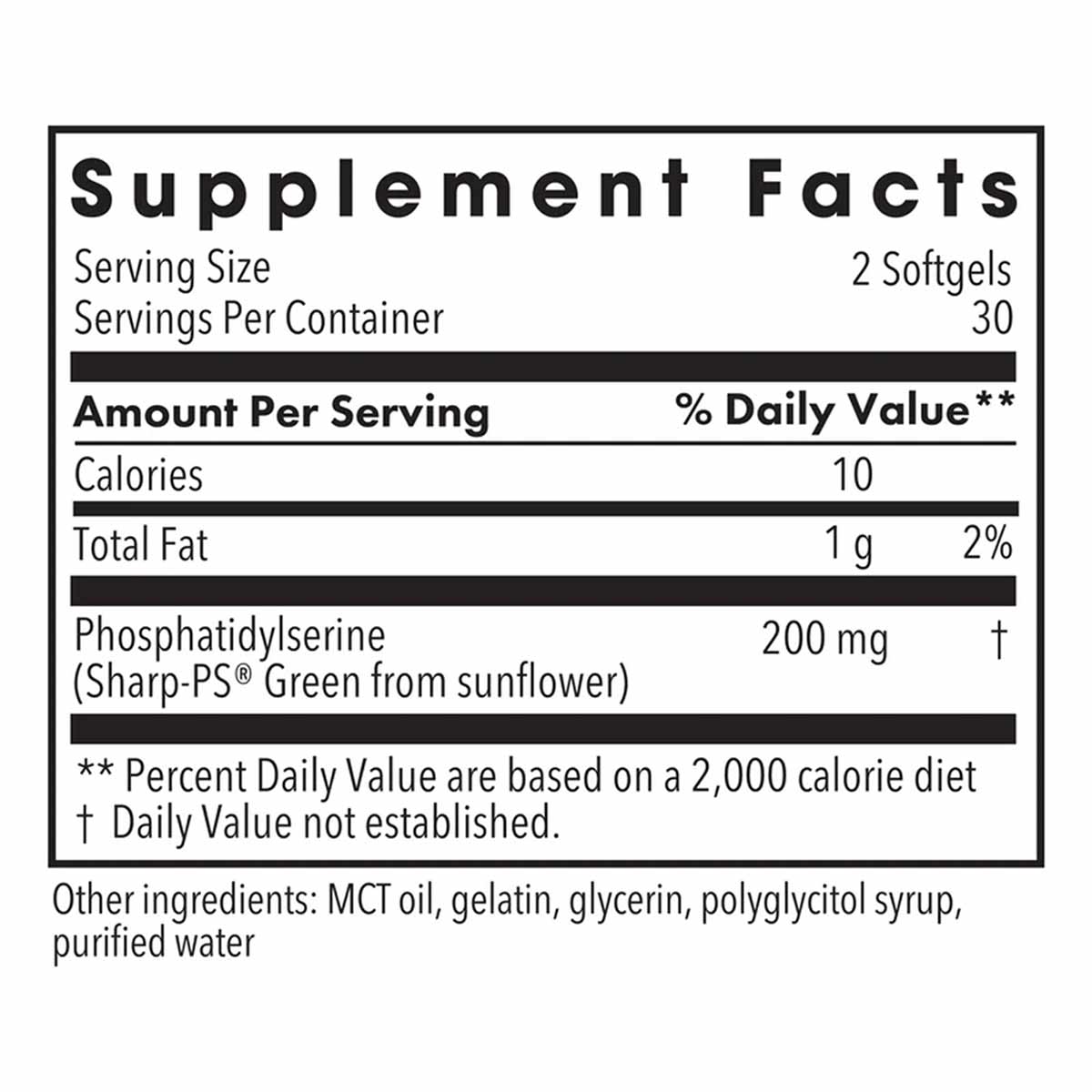 Supplement Facts label showing 2 softgels per serving, 30 servings per container, with 200 mg phosphatidylserine per serving.