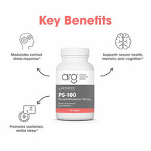 White bottle of PS-100 Phosphatidylserine 100 mg softgels by Allergy Research Group with gray and coral label showing 60 soft