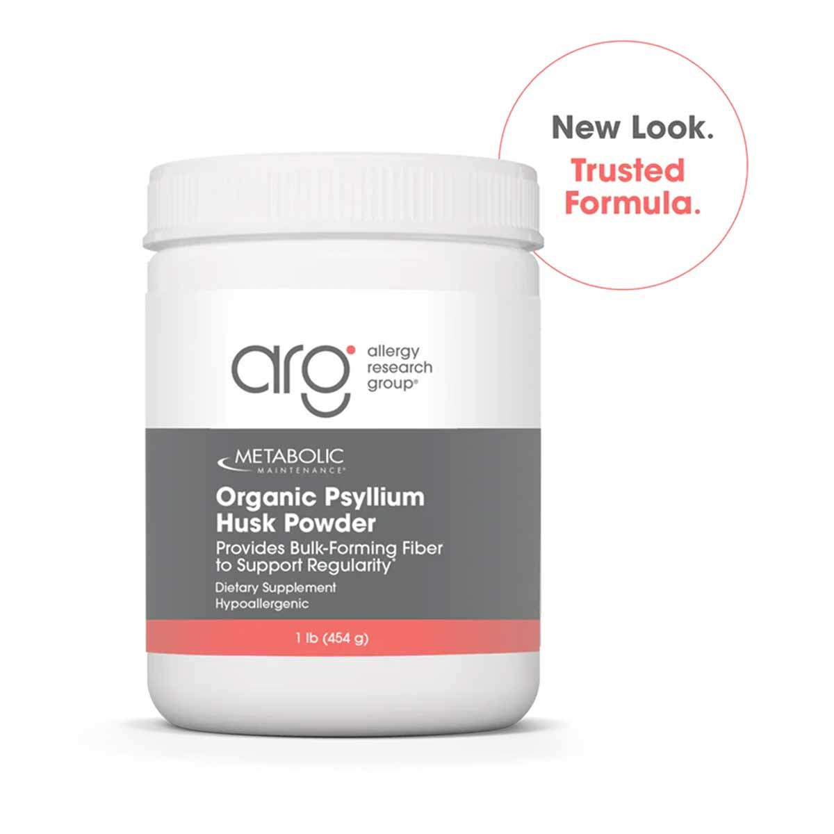 White plastic container of Allergy Research Group Organic Psyllium Husk Powder with white screw-top lid and gray and coral la