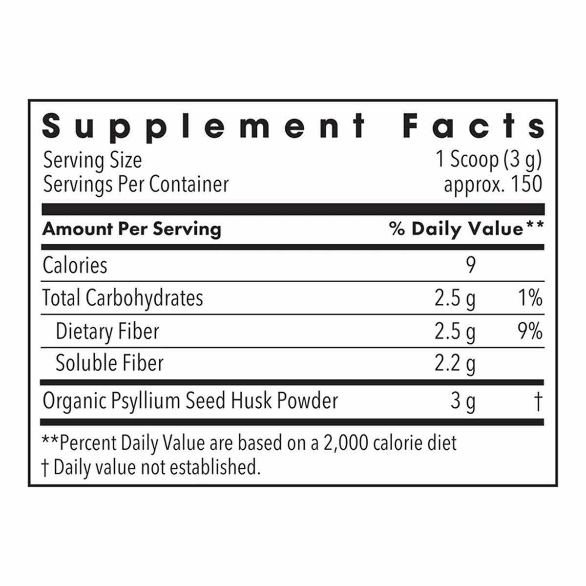 Supplement Facts label showing serving size of 1 scoop (3g) with approximately 150 servings per container and nutritional inf