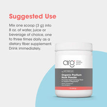 White container of Allergy Research Group Organic Psyllium Husk Powder with gray and coral label on blue background.