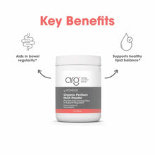White plastic container of Allergy Research Group organic psyllium husk powder with gray and coral label, 1 lb size.