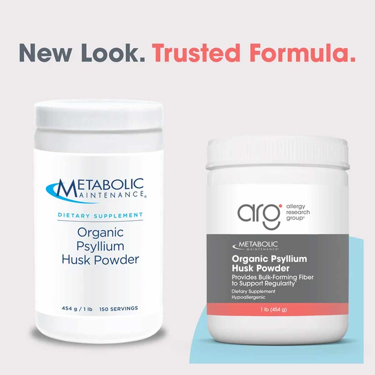Two white containers of organic psyllium husk powder by Metabolic Maintenance and Allergy Research Group, each 1 lb with 150 