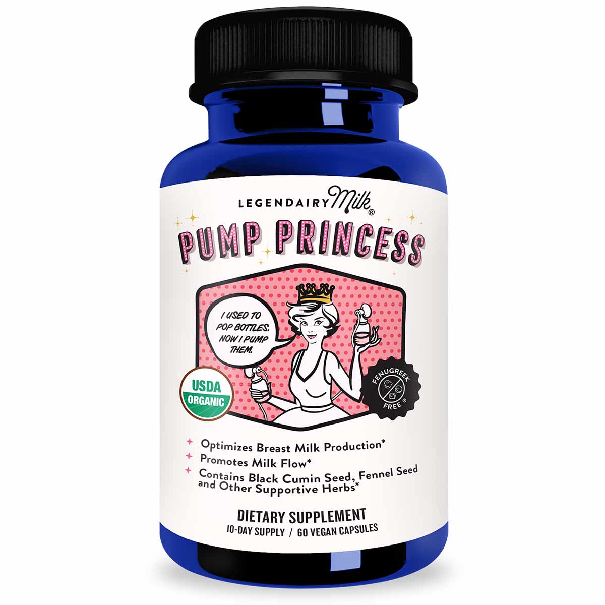 Blue and white bottle of Legendairy Milk Pump Princess dietary supplement with black screw cap and illustrated label.