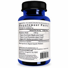 Blue bottle with black cap containing organic herbal supplement capsules with white label showing supplement facts and ingred