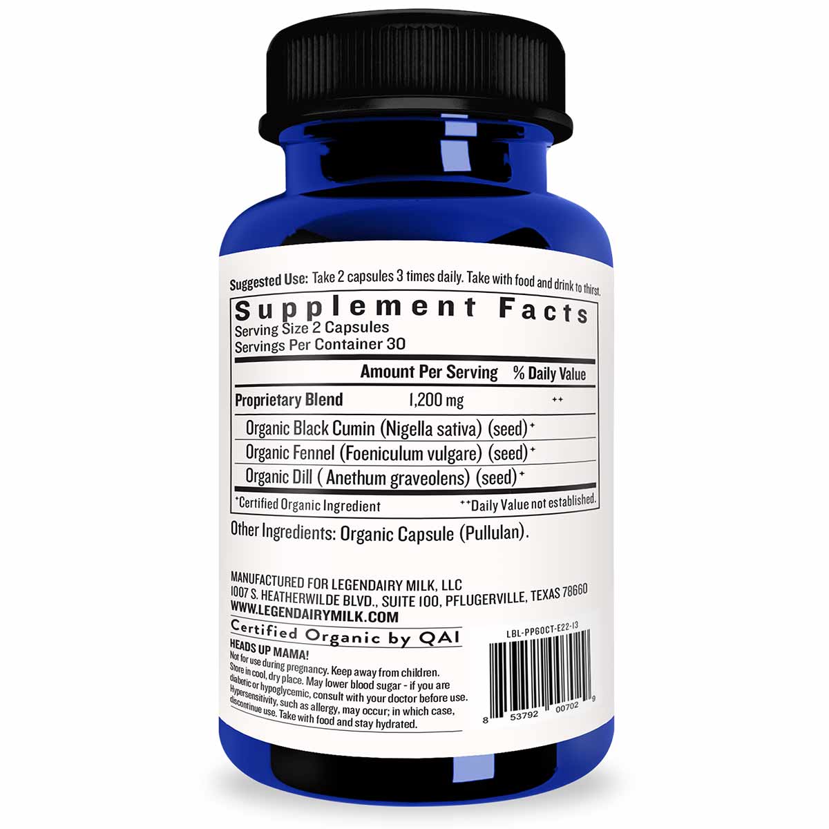 Blue bottle with black cap containing organic herbal supplement capsules with white label showing supplement facts and ingred