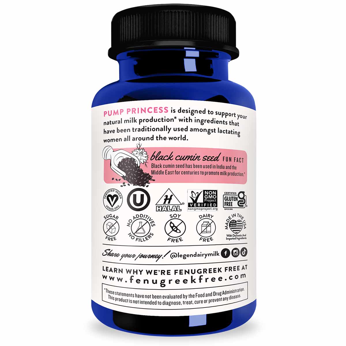 Blue supplement bottle with black cap labeled "Pump Princess" by Legendairy Milk, containing black cumin seed formula.