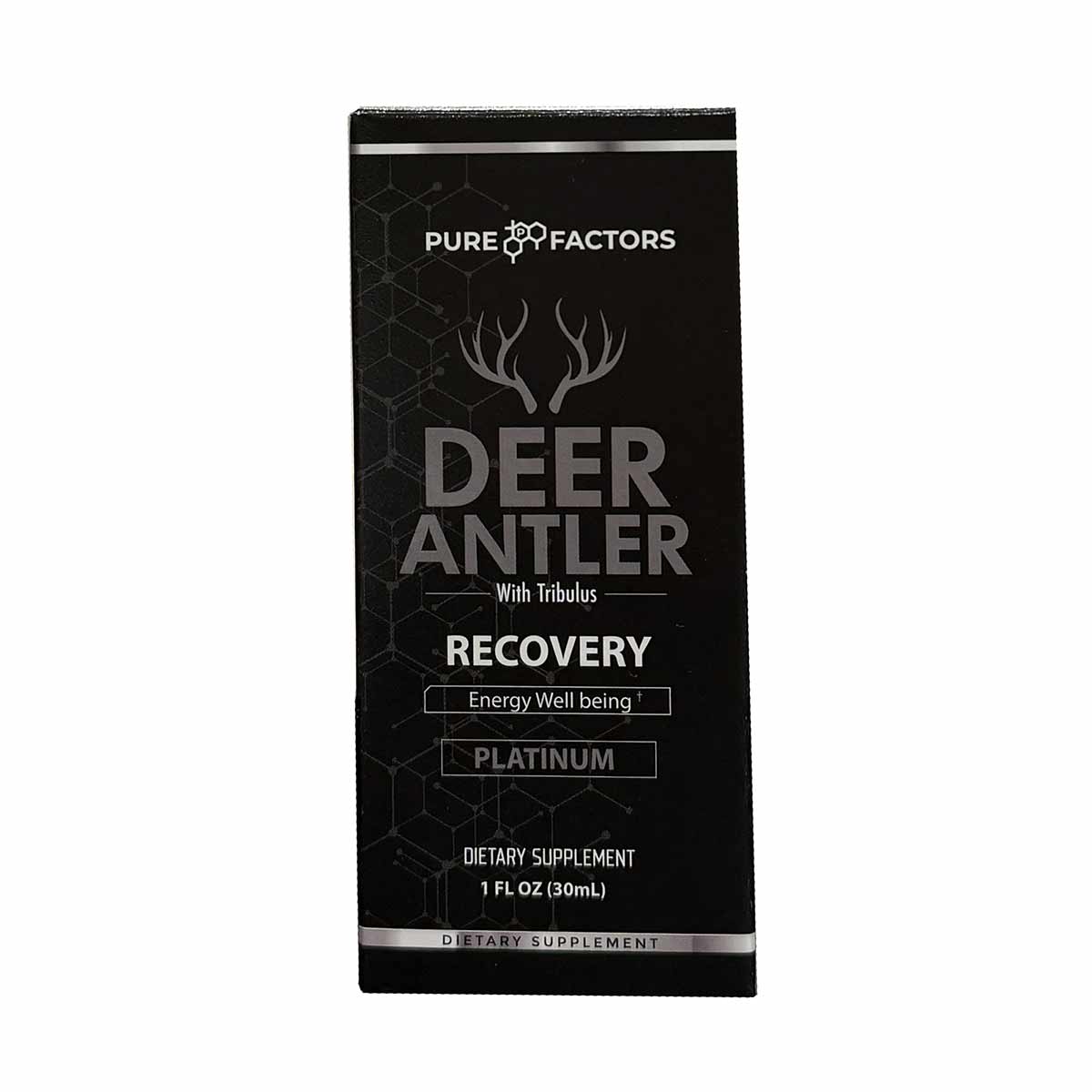 Black dietary supplement bottle labeled Deer Antler with Tribulus Recovery Platinum by Pure Factors, 1 FL OZ.