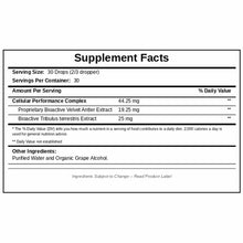 Supplement Facts label showing serving size of 30 drops, with Cellular Performance Complex containing deer antler velvet extr