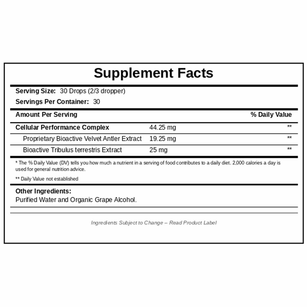 Supplement Facts label showing serving size of 30 drops, with Cellular Performance Complex containing deer antler velvet extr