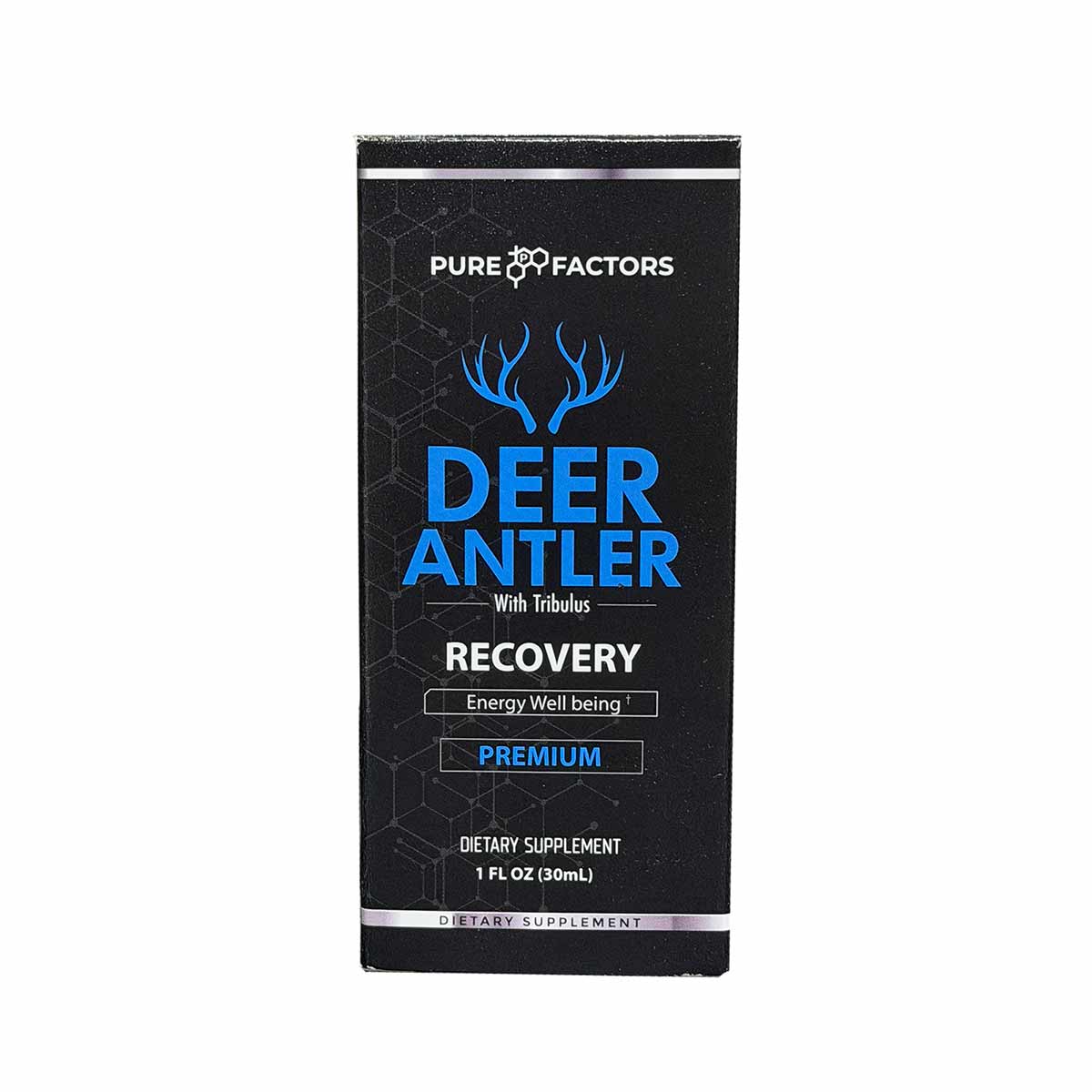 Black bottle label for Pure Factors Deer Antler with Tribulus Recovery dietary supplement, 1 fl oz, featuring blue antler gra