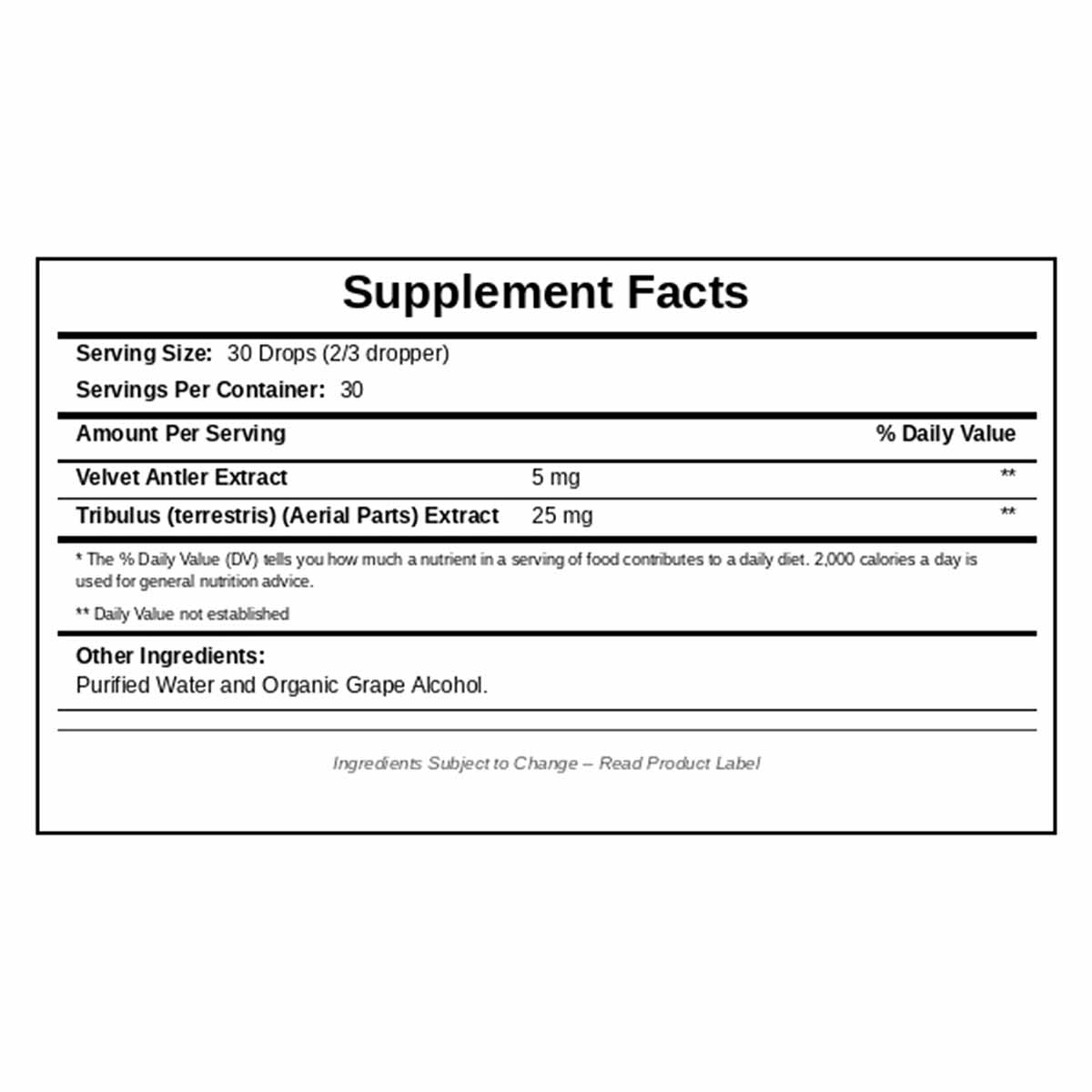 Supplement Facts label showing Velvet Antler Extract and Tribulus terrestris Extract with serving size of 30 drops.