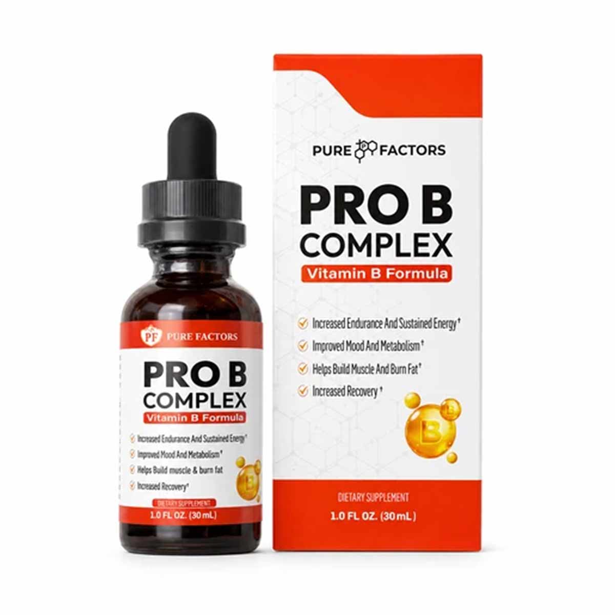 Dark amber glass dropper bottle of Pure Factors Pro B Complex liquid vitamin supplement next to white and orange product pack