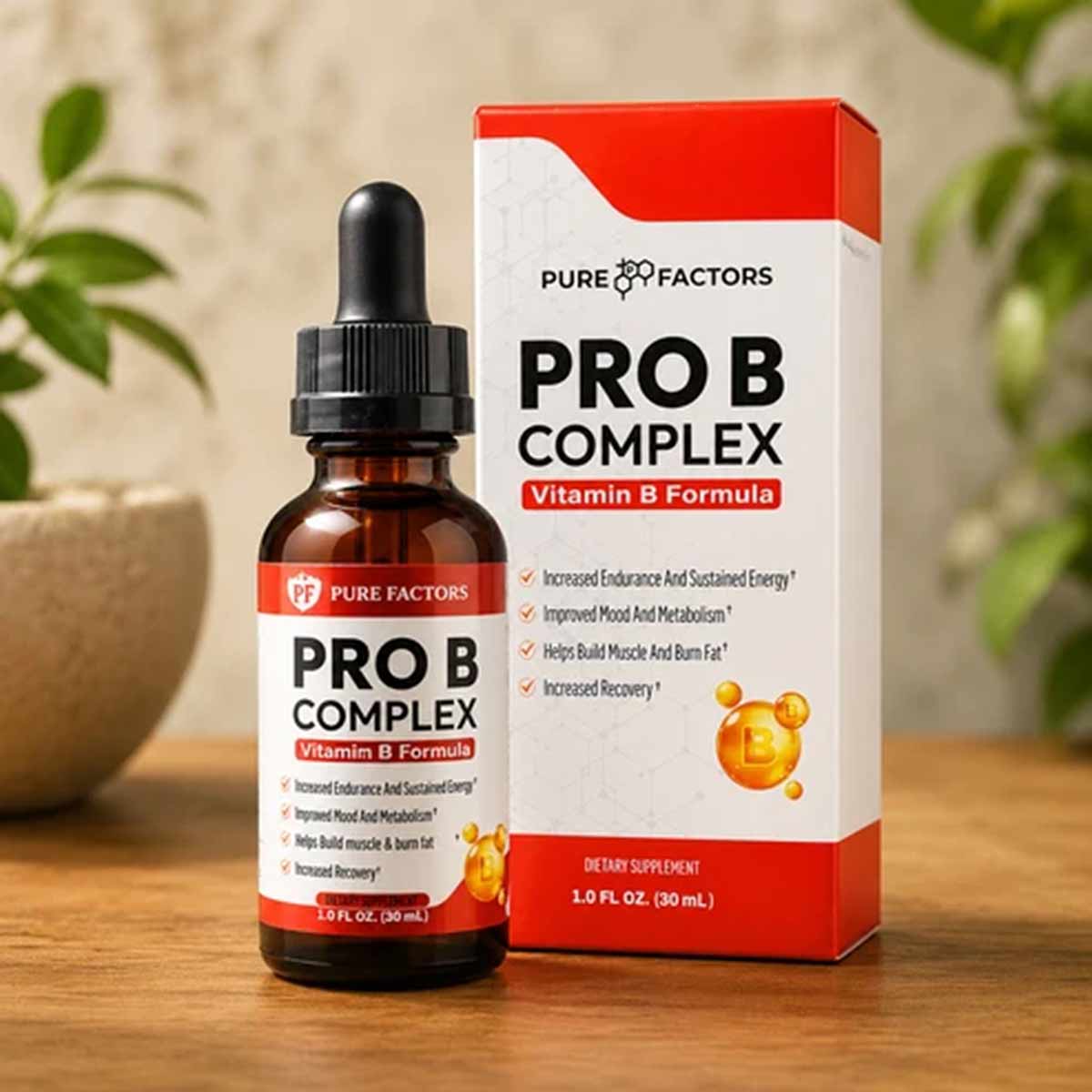Brown dropper bottle labeled "Pro B Complex" next to red and white box on wooden surface with plant leaves in background.
