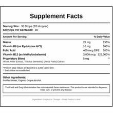 Supplement Facts label for Pure Factors Pro B Complex showing niacin, vitamin B6, folic acid, vitamin B12, and proprietary bl