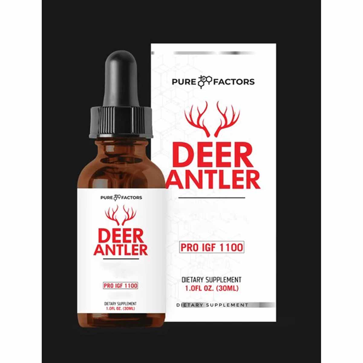 Brown glass dropper bottle with black cap and white label featuring red deer antler graphic, displayed next to white product 
