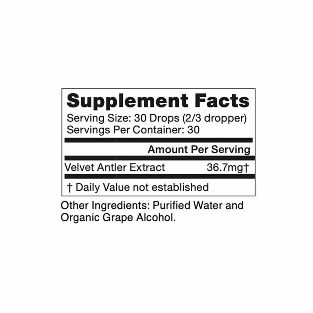 Supplement Facts label showing serving size of 30 drops, 30 servings per container, with velvet antler extract and organic gr