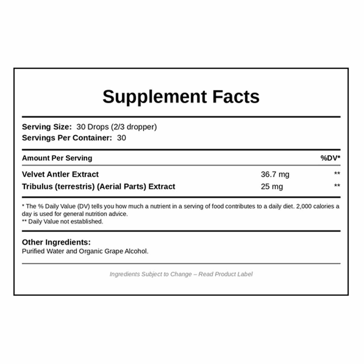 Supplement Facts label showing serving size, ingredient amounts including velvet antler extract and tribulus terrestris extra